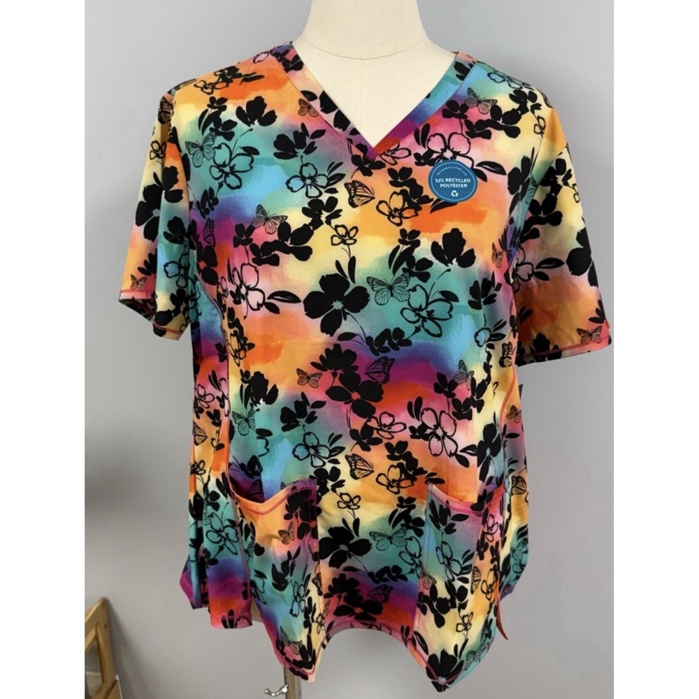 NWT Cherokee Scrub Top M Black Floral & Butterfly Rainbow Background Scrubs RN